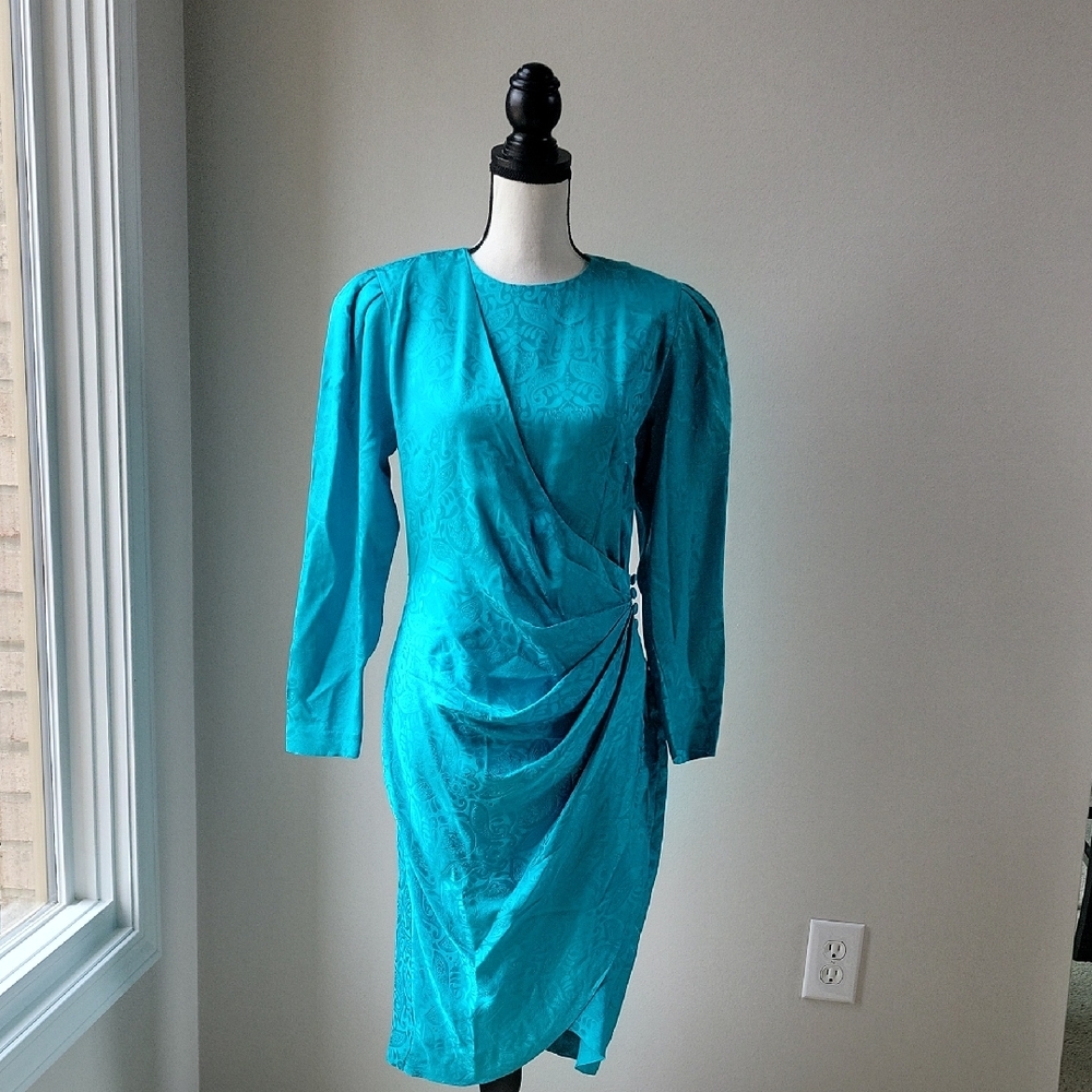 Adrianna Papell Vintage‎ Silk Ruching Teal Women Size 4 Dress